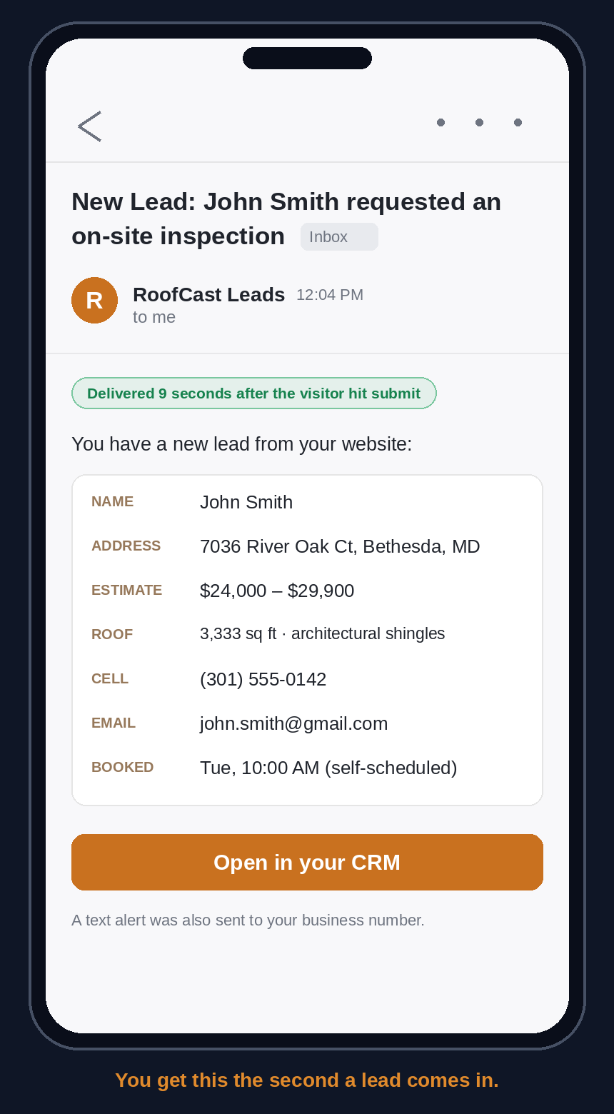 Email alert mockup: new lead notification sent to the roofer's phone